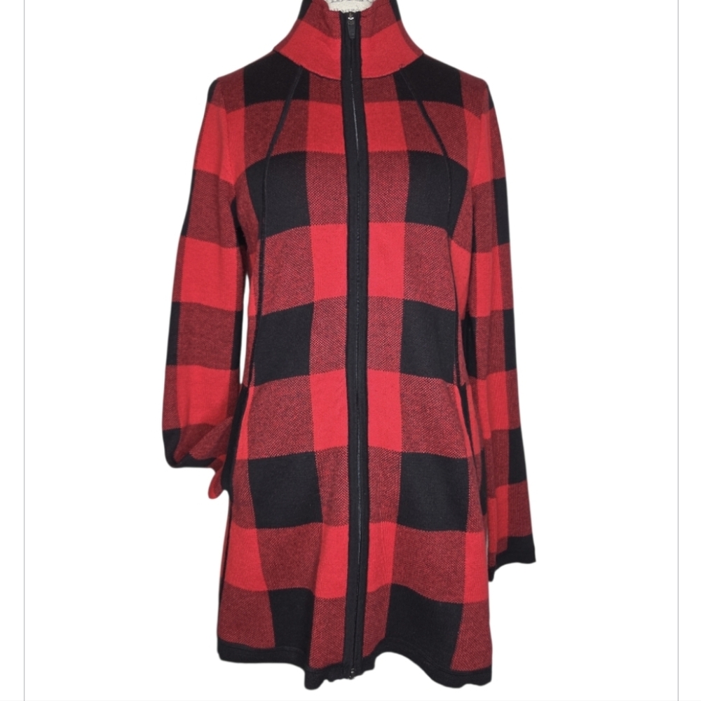 Adrienne Vittadini Red Black Buffalo Check Full Zip Sweater Jacket Size L